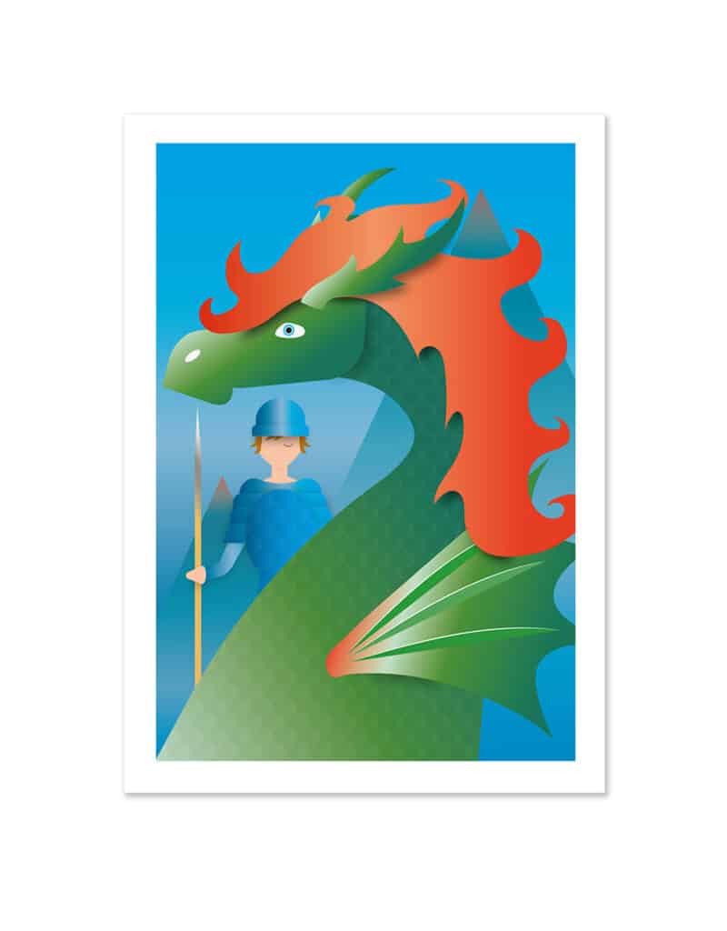 Een postkaart van Joris en de Draak in heldere kleuren.