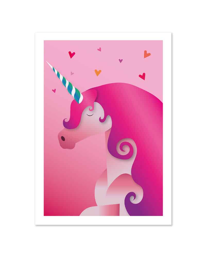 Postkaart van een unicorn in roze kleuren