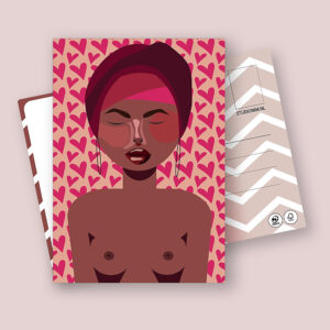 Een postkaart van een afrikaans ogende vrouw met een achtergrond vol hartjes